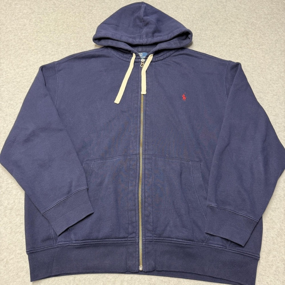Polo Ralph Lauren Hoodie Mens Big 2X Blue Full Zip Fleece Pony Logo Thermal Hood